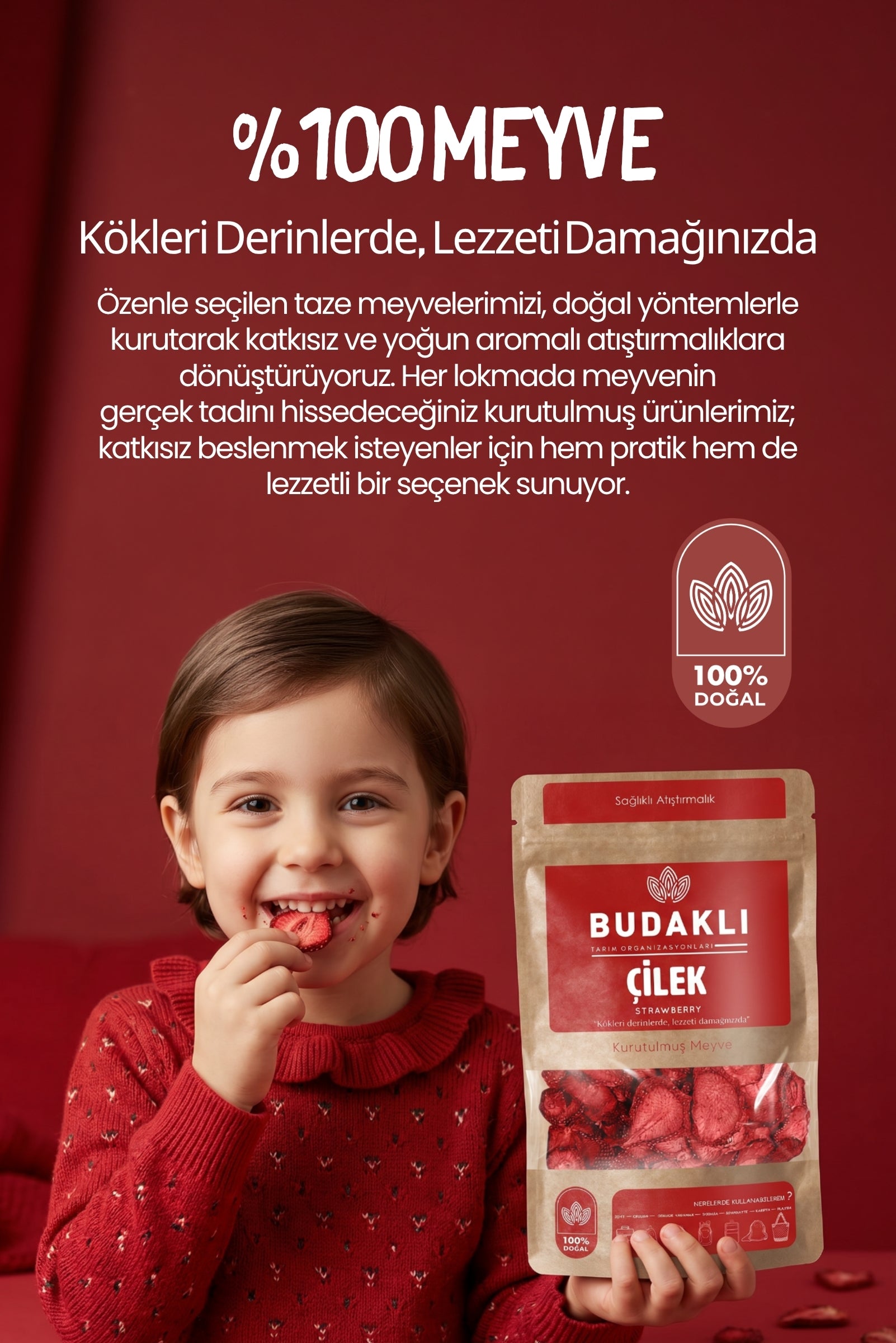 Budaklı Tarım Kurutulmuş Çilek 100 Gr | İlave Şeker İçermez