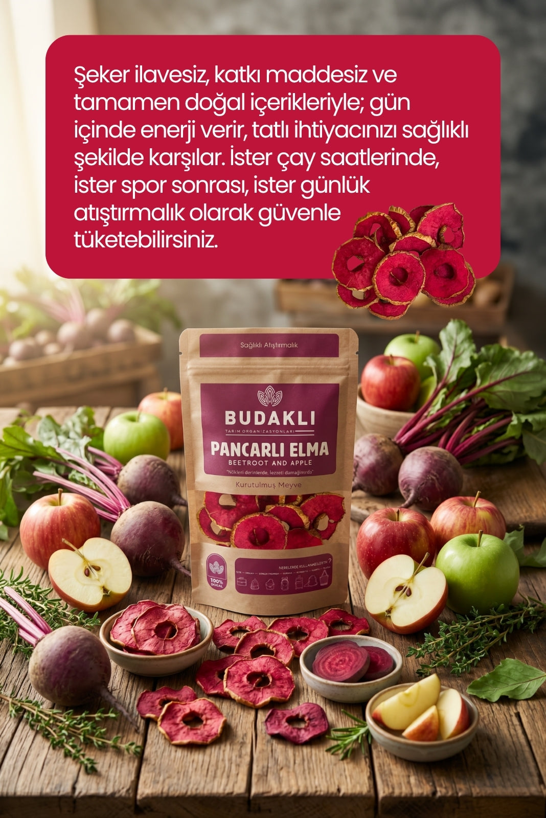 Budaklı Tarım Kurutulmuş Pancarlı Elma 100 Gr | İlave Şeker İçermez